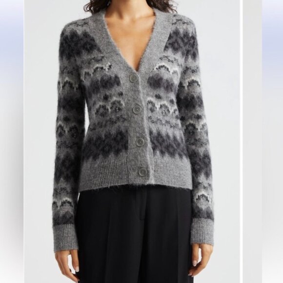 New VINCE Alpaca Knit Fair Isle V-Neck Cardigan Sweater Gray Black Womens L - Picture 1 of 7